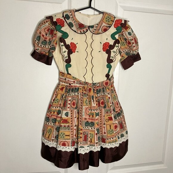 Vintage Homemade Girls Dress Puff Sleeve Novelty Country Cottagecore Collared - Picture 1 of 8